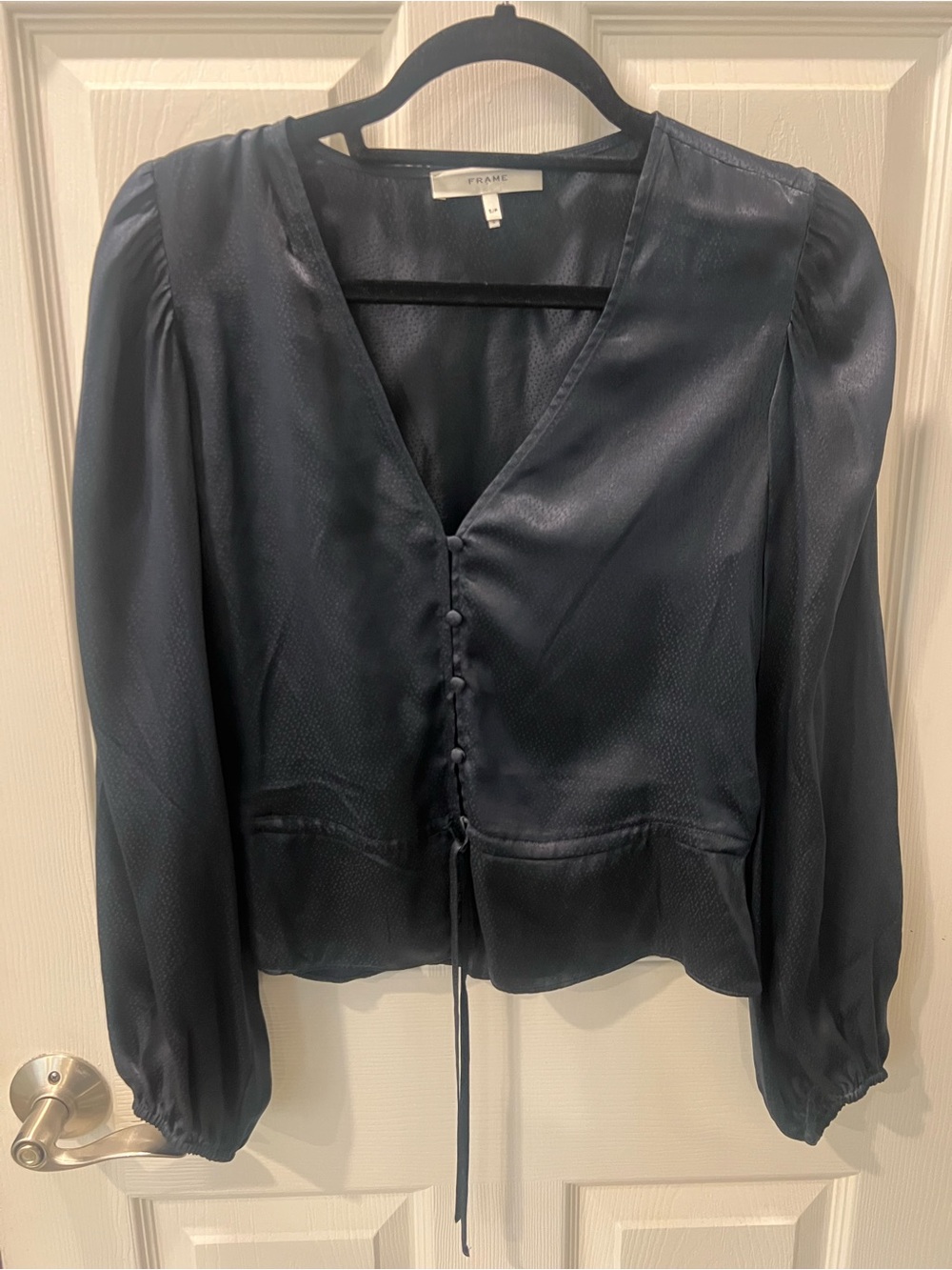 Frame Denim Navy Satin V-Neck Button Blouse with Tie